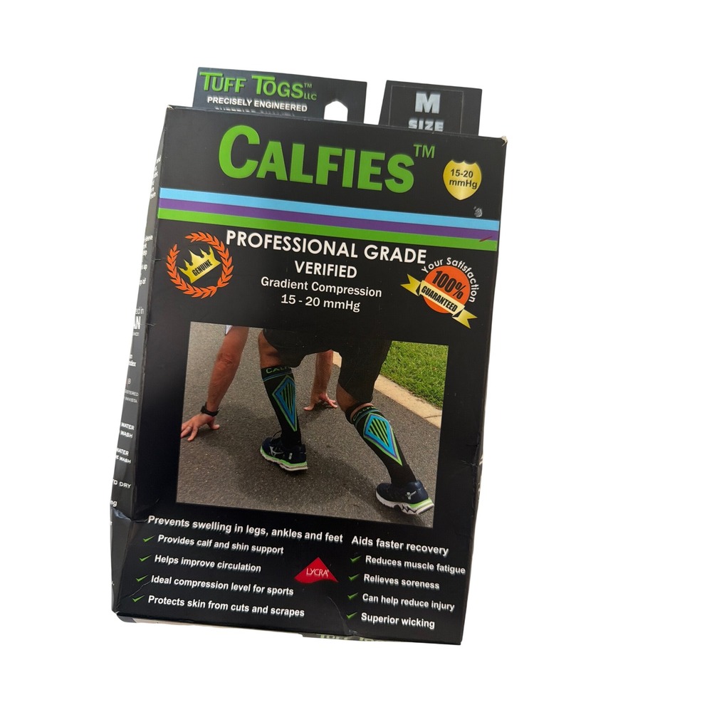 Tuff Togs Calfies Compression Calf Sleeves M 15-20 mmHg Black Blue Green A148
